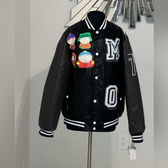 Men's Black and Gray Varsity Jacket with Cartoon Design - Picture 1 of 2